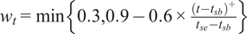 wt equals min 0.3 comma 0.9 minus 0.6 times t minus tsb plus tse minus tsb