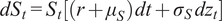 dSt equals Str plus mu Sdt plus sigma Sdzt
