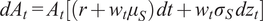 dAt equals Atr plus wt mu Sdt plus wt sigma Sdzt