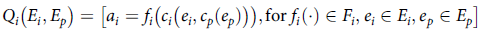 upper Q Subscript i Baseline left parenthesis upper E Subscript i Baseline comma upper E Subscript p Baseline right parenthesis equals left bracket a Subscript i Baseline equals f Subscript i Baseline left parenthesis c Subscript i Baseline left parenthesis e Subscript i Baseline comma c Subscript p Baseline left parenthesis e Subscript p Baseline right parenthesis right parenthesis right parenthesis comma f normal o normal r f Subscript i Baseline left parenthesis dot right parenthesis element of upper F Subscript i Baseline comma e Subscript i Baseline element of upper E Subscript i Baseline comma e Subscript p Baseline element of upper E Subscript p Baseline right bracket