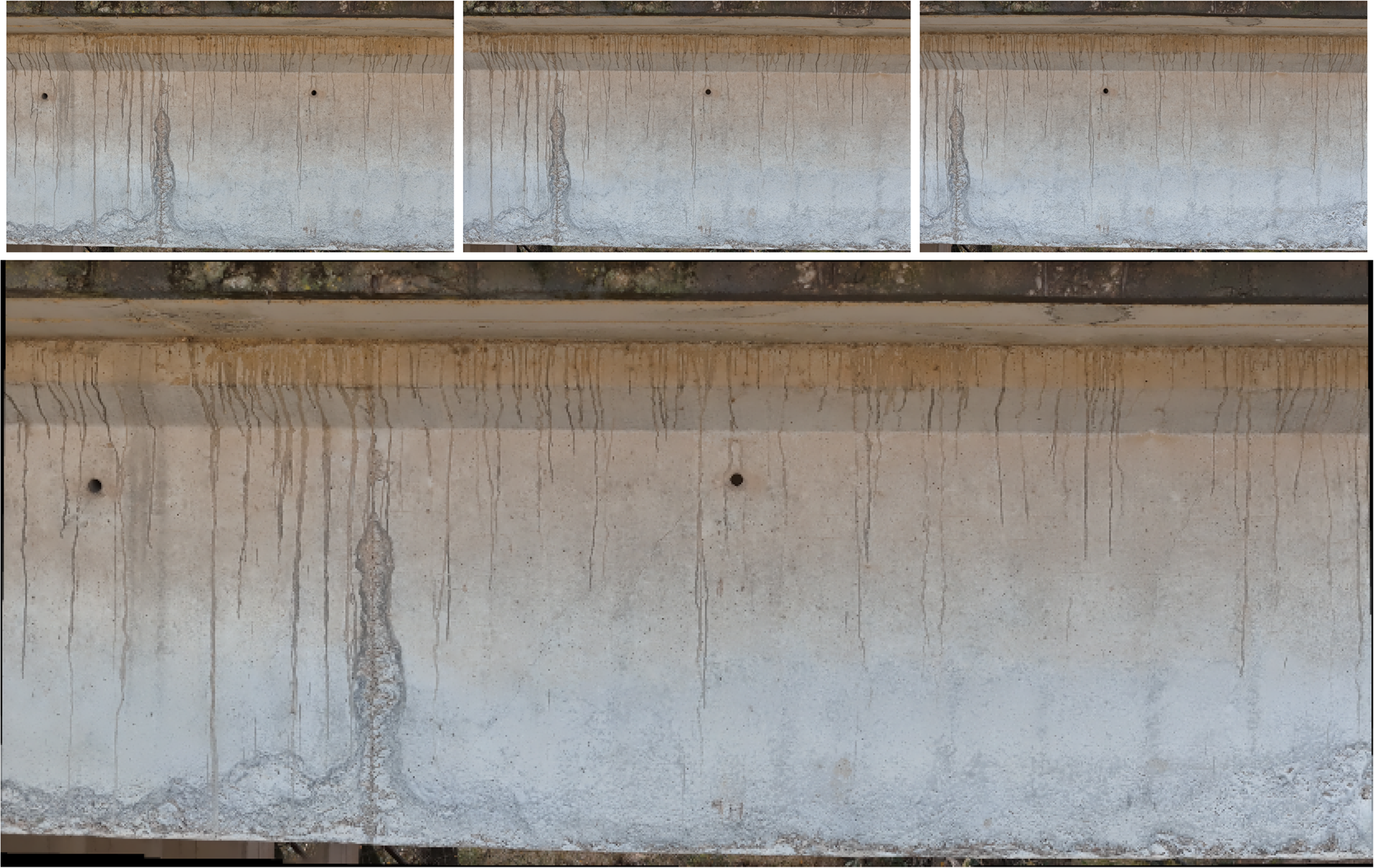 Four-panel photo series showing three overlapping close-up shots of a concrete bridge girder and a final stitched panoramic view of the same section. See long description.