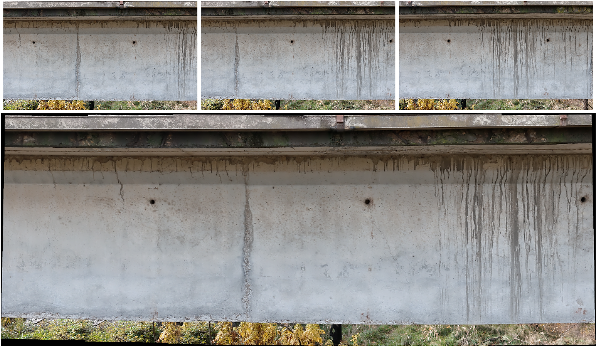 Four photos of a concrete bridge girder. Three small panels at the top show overlapping sections of the beam with vertical water stains and cracks. A large bottom panel shows these sections stitched into a single continuous panoramic view.