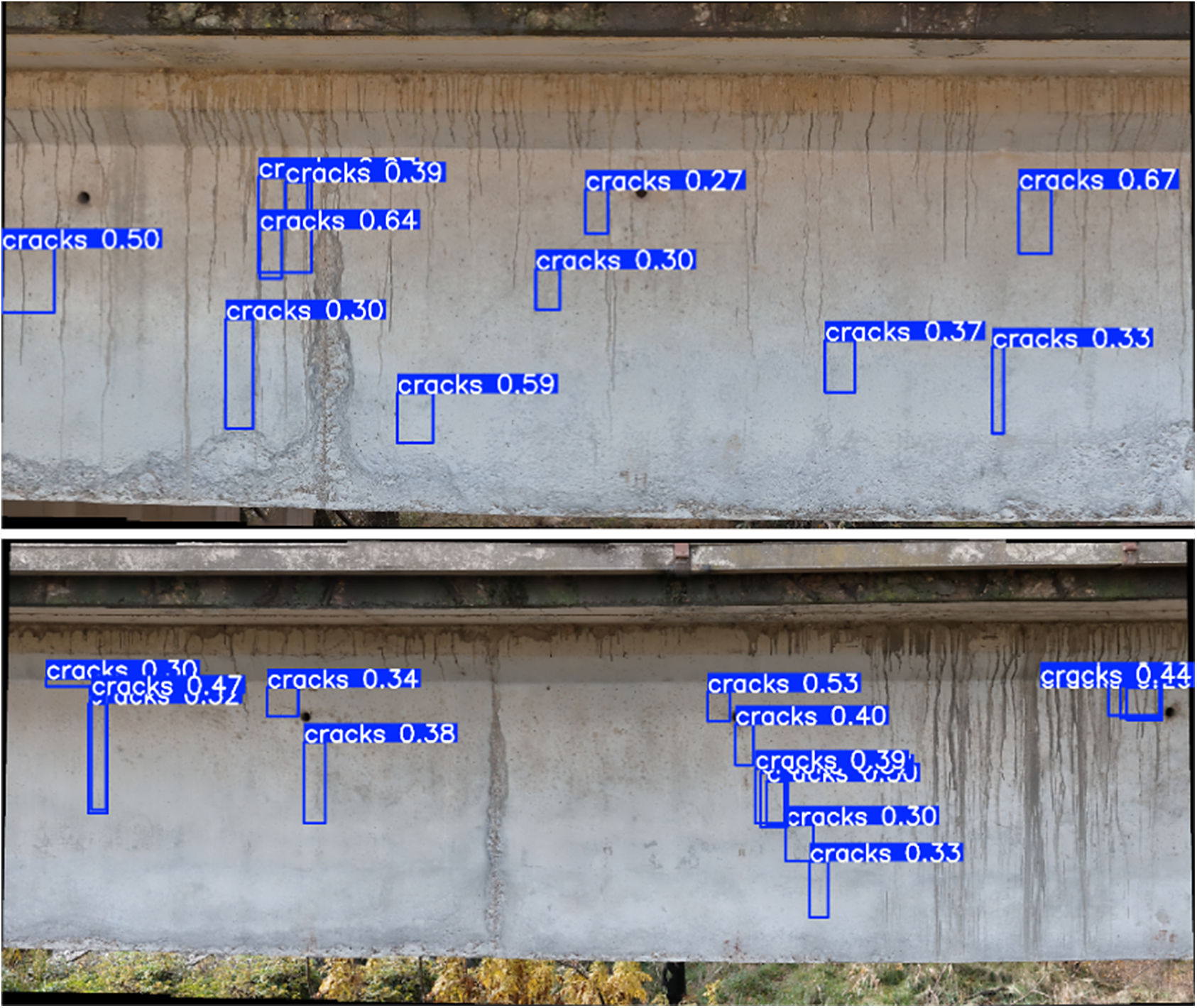 Two photos of a concrete bridge beam with blue bounding boxes identifying cracks and their detection confidence scores. See long description.