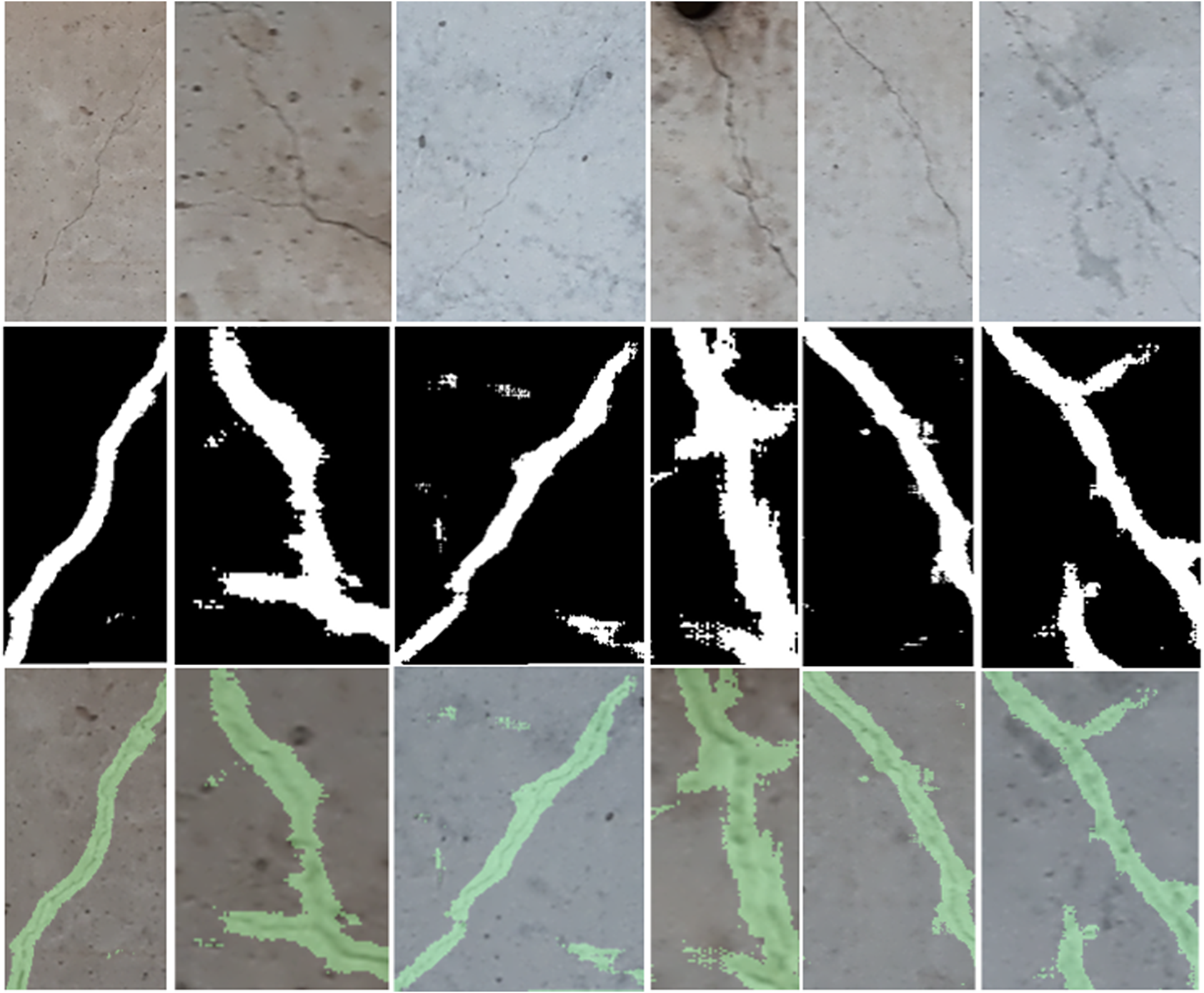 An 18 panel grid showing crack detection results on concrete surfaces across three processing stages. See long description.