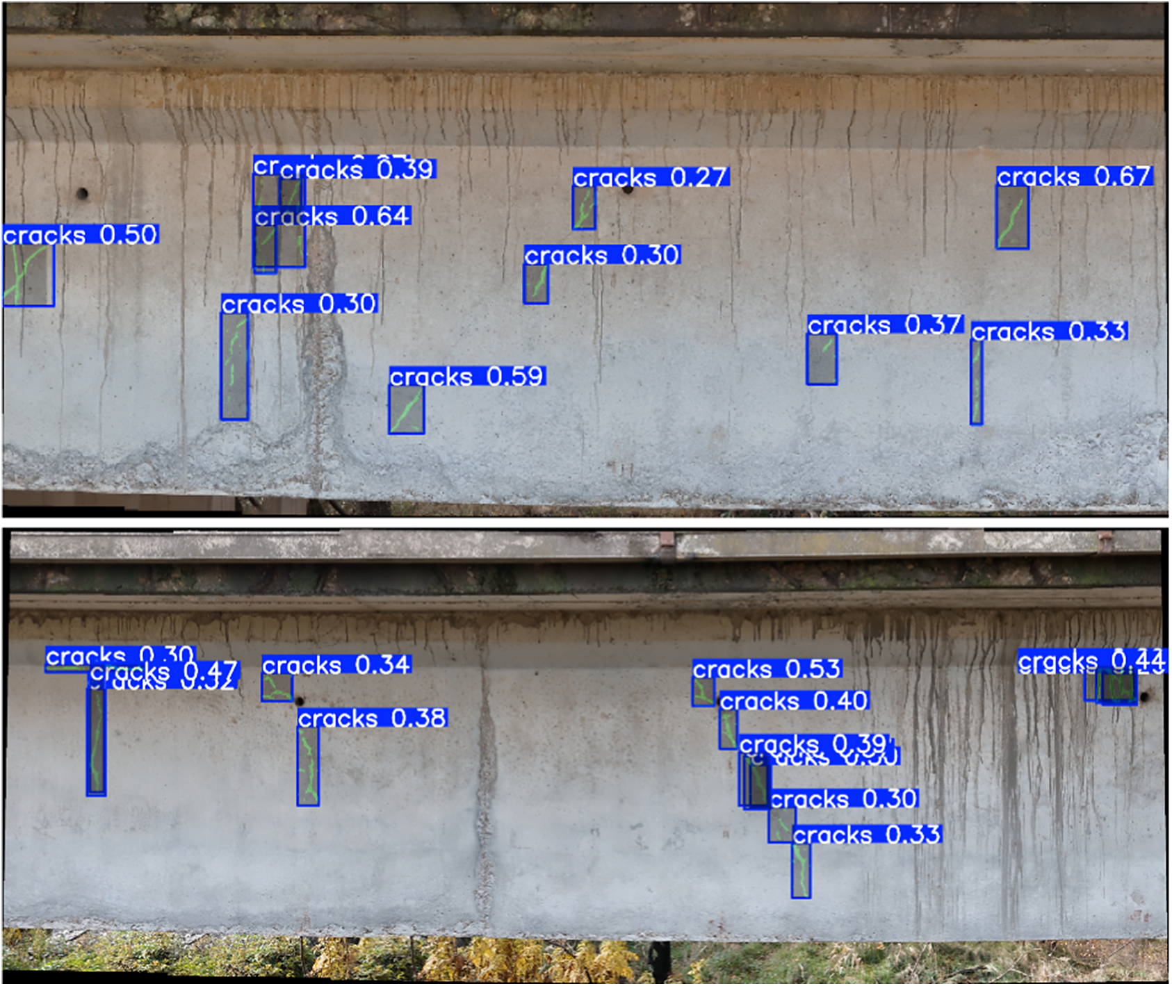 Two-panel photo showing D O C-Crack detection results on concrete bridge beams. Blue bounding boxes with confidence scores identify various crack patterns. See long description.