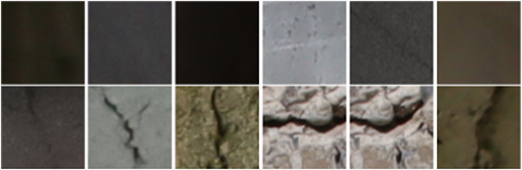 A twelve-panel grid of surface material patches showing the difference between intact surfaces and those with structural cracks. See long description.