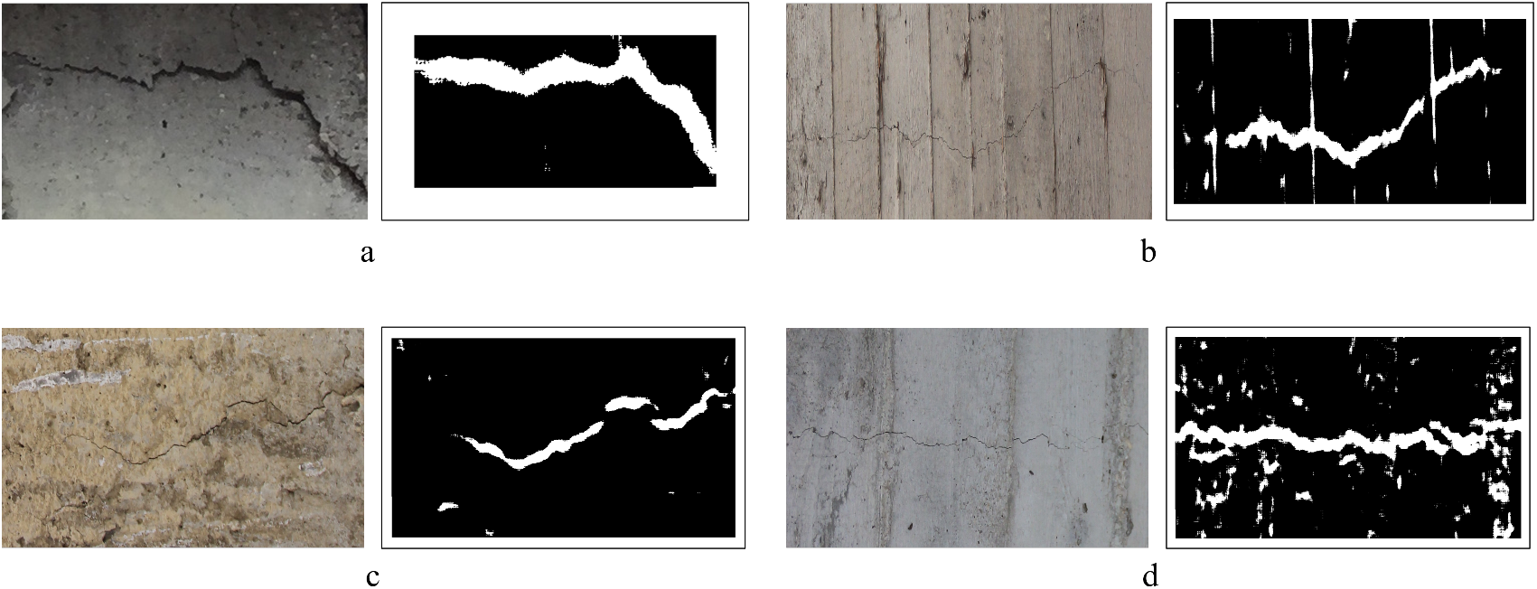 A four-panel comparison of concrete crack photographs and their binary segmentation masks for qualitative analysis. See long description.