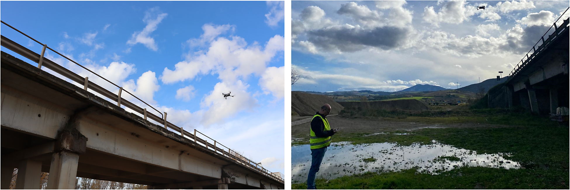 Two photos showing a U A V survey. The left panel shows a small drone flying near a concrete bridge under a blue sky. The right panel shows a researcher in a high-visibility vest operating the drone near a bridge and a field.