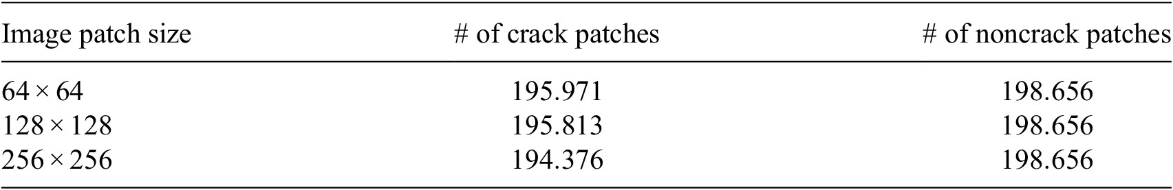A data table showing the number of crack and noncrack patches for three different image patch sizes. See long description.