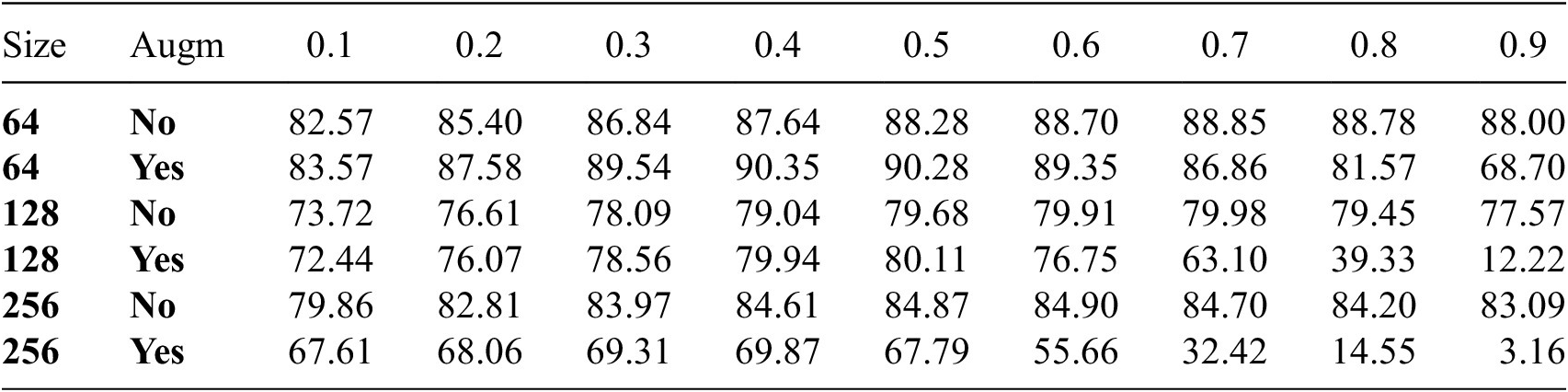 A data table showing F 1 Scores for D O C-CrackNet across different patch sizes and augmentation states. See long description.