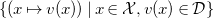left brace left parenthesis x right arrow from bar v left parenthesis x right parenthesis right parenthesis vertical bar x element of script upper X comma v left parenthesis x right parenthesis element of script upper D right brace