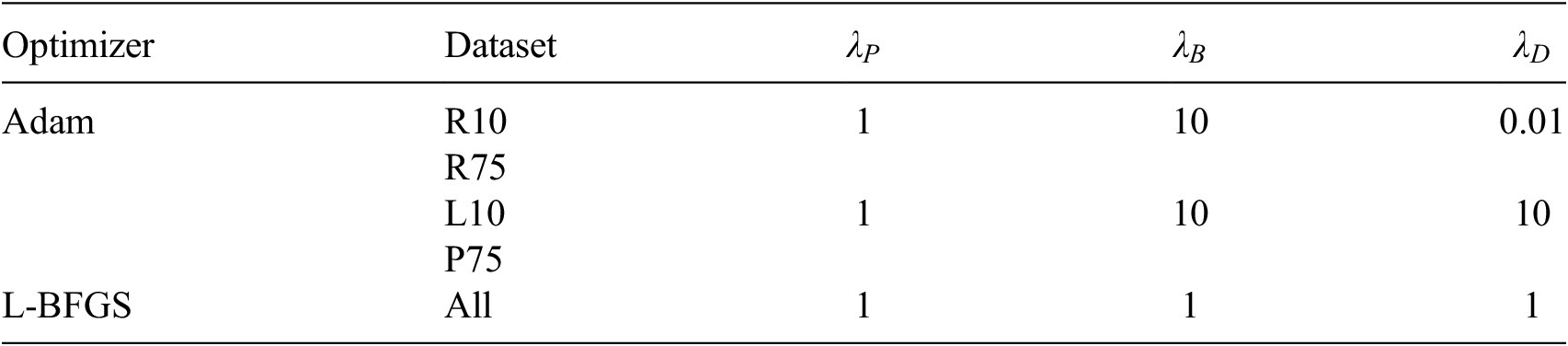 A data table summarizing loss function weights for Adam and L-B F G S optimizers across different datasets including R 10, R 75, L 10, and P 75. See long description.
