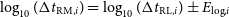 log Subscript 10 Baseline left parenthesis normal upper Delta t Subscript normal upper R normal upper M comma i Baseline right parenthesis equals log Subscript 10 Baseline left parenthesis normal upper Delta t Subscript normal upper R normal upper L comma i Baseline right parenthesis plus or minus upper E Subscript normal l normal o normal g comma i