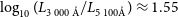 log Subscript 10 Baseline left parenthesis upper L Subscript 3 000 modifying above upper A with ring Baseline divided by upper L Subscript 5 100 modifying above upper A with ring Baseline right parenthesis almost equals 1.55