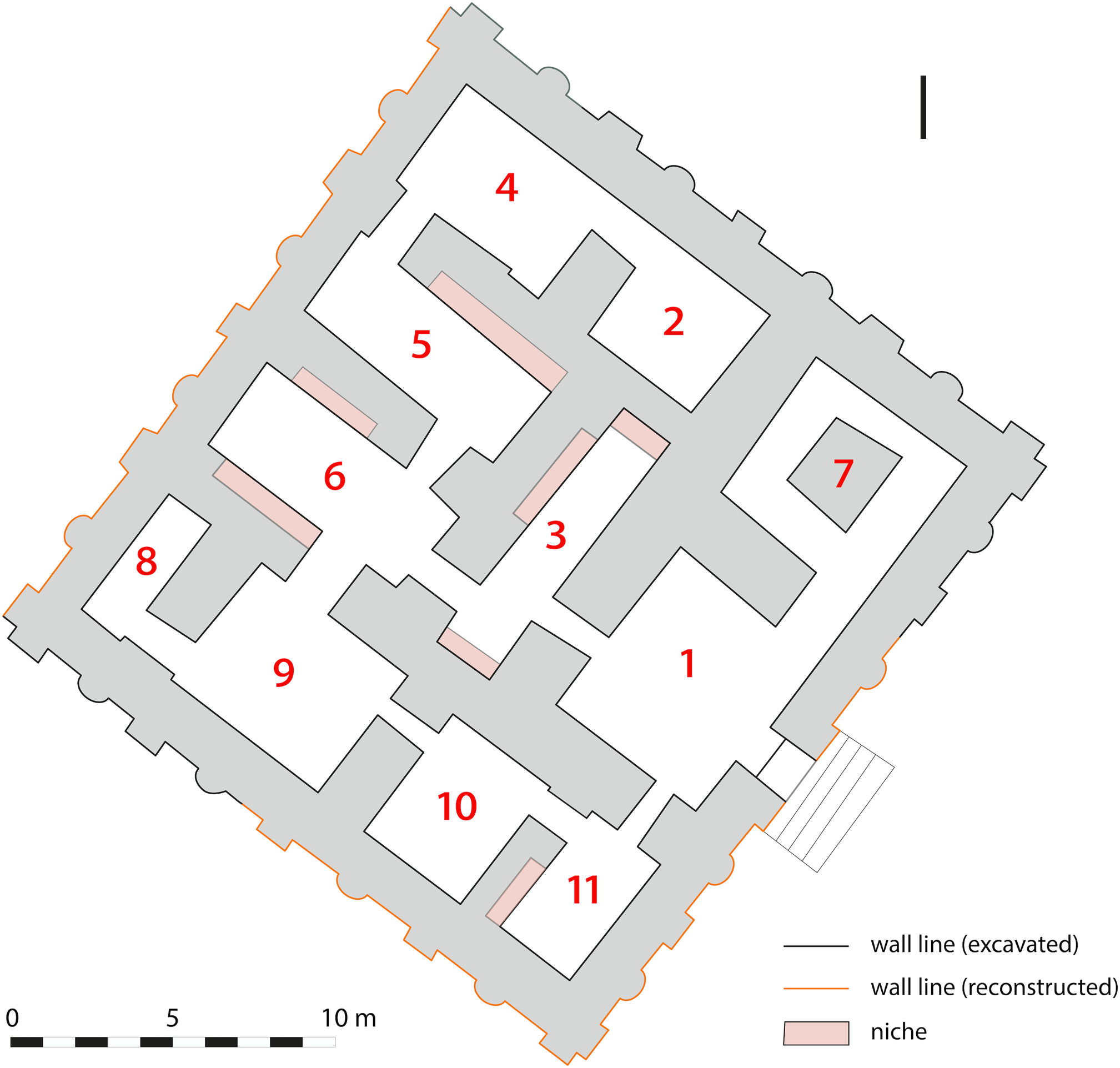 A diagram of a monumental building plan with labeled rooms and wall lines.