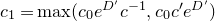 c 1 equals max left parenthesis c 0 e Superscript upper D Super Superscript prime Superscript Baseline c Superscript negative 1 Baseline comma c 0 c prime e Superscript upper D Super Superscript prime Superscript Baseline right parenthesis