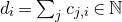 d Subscript i Baseline equals sigma summation Underscript j Endscripts c Subscript j comma i Baseline element of double struck upper N