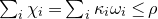 sigma summation Underscript i Endscripts chi Subscript i Baseline equals sigma summation Underscript i Endscripts kappa Subscript i Baseline omega Subscript i Baseline less than or equals rho