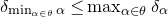 delta Subscript min Underscript alpha element of theta Endscripts alpha Baseline less than or equals max Underscript alpha element of theta Endscripts delta Subscript alpha
