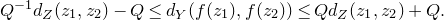upper Q Superscript negative 1 Baseline d Subscript upper Z Baseline left parenthesis z 1 comma z 2 right parenthesis minus upper Q less than or equals d Subscript upper Y Baseline left parenthesis f left parenthesis z 1 right parenthesis comma f left parenthesis z 2 right parenthesis right parenthesis less than or equals upper Q d Subscript upper Z Baseline left parenthesis z 1 comma z 2 right parenthesis plus upper Q period