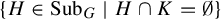 StartSet upper H element of upper S u b Subscript upper G Baseline vertical bar upper H intersection upper K equals normal empty set EndSet
