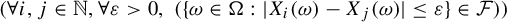 Start 1 By 1 Matrix 1st Row for all i comma j element of double struck upper N comma for all epsilon greater than 0 comma left parenthesis StartSet omega element of normal upper Omega colon StartAbsoluteValue upper X Subscript i Baseline left parenthesis omega right parenthesis minus upper X Subscript j Baseline left parenthesis omega right parenthesis EndAbsoluteValue less than or equals epsilon EndSet element of script upper F right parenthesis EndMatrix