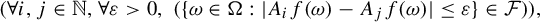 StartLayout 1st Row left parenthesis for all i comma j element of double struck upper N comma for all epsilon greater than 0 comma left parenthesis StartSet omega element of normal upper Omega colon StartAbsoluteValue upper A Subscript i Baseline f left parenthesis omega right parenthesis minus upper A Subscript j Baseline f left parenthesis omega right parenthesis EndAbsoluteValue less than or equals epsilon EndSet element of script upper F right parenthesis right parenthesis comma EndLayout