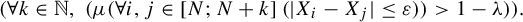 left parenthesis for all k element of double struck upper N comma left parenthesis mu left parenthesis for all i comma j element of left bracket upper N semicolon upper N plus k right bracket left parenthesis StartAbsoluteValue upper X Subscript i Baseline minus upper X Subscript j Baseline EndAbsoluteValue less than or equals epsilon right parenthesis right parenthesis greater than 1 minus lamda right parenthesis right parenthesis period