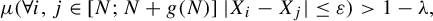 mu left parenthesis for all i comma j element of left bracket upper N semicolon upper N plus g left parenthesis upper N right parenthesis right bracket StartAbsoluteValue upper X Subscript i Baseline minus upper X Subscript j Baseline EndAbsoluteValue less than or equals epsilon right parenthesis greater than 1 minus lamda comma