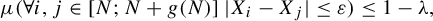 mu left parenthesis for all i comma j element of left bracket upper N semicolon upper N plus g left parenthesis upper N right parenthesis right bracket StartAbsoluteValue upper X Subscript i Baseline minus upper X Subscript j Baseline EndAbsoluteValue less than or equals epsilon right parenthesis less than or equals 1 minus lamda comma