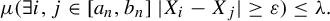 mu left parenthesis there exists i comma j element of left bracket a Subscript n Baseline comma b Subscript n Baseline right bracket StartAbsoluteValue upper X Subscript i Baseline minus upper X Subscript j Baseline EndAbsoluteValue greater than or equals epsilon right parenthesis less than or equals lamda period