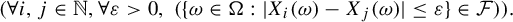 StartLayout 1st Row left parenthesis for all i comma j element of double struck upper N comma for all epsilon greater than 0 comma left parenthesis StartSet omega element of normal upper Omega colon StartAbsoluteValue upper X Subscript i Baseline left parenthesis omega right parenthesis minus upper X Subscript j Baseline left parenthesis omega right parenthesis EndAbsoluteValue less than or equals epsilon EndSet element of script upper F right parenthesis right parenthesis period EndLayout