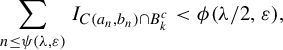 sigma summation Underscript n less than or equals psi left parenthesis lamda comma epsilon right parenthesis Endscripts upper I Subscript upper C left parenthesis a Sub Subscript n Subscript comma b Sub Subscript n Subscript right parenthesis intersection upper B Sub Subscript k Sub Superscript c Subscript Baseline less than phi left parenthesis lamda divided by 2 comma epsilon right parenthesis comma