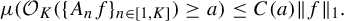 mu left parenthesis script upper O Subscript upper K Baseline left parenthesis left brace upper A Subscript n Baseline f right brace Subscript n element of left bracket 1 comma upper K right bracket Baseline right parenthesis greater than or equals a right parenthesis less than or equals upper C left parenthesis a right parenthesis StartMetric f EndMetric Subscript 1 Baseline period