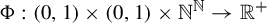 normal upper Phi colon left parenthesis 0 comma 1 right parenthesis times left parenthesis 0 comma 1 right parenthesis times double struck upper N Superscript double struck upper N Baseline right arrow double struck upper R Superscript plus