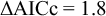 Delta A I C sub c equals 1.8