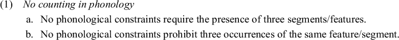Text snippet titled 1 No counting in phonology. Point a states no phonological constraints require three segments or features. Point b states no phonological constraints prohibit three occurrences of the same feature or segment.