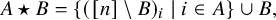 upper A star upper B equals StartSet left parenthesis left bracket n right bracket minus upper B right parenthesis Subscript i Baseline vertical bar i element of upper A EndSet union upper B comma