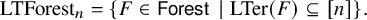 upper L upper T upper F o r e s t Subscript n Baseline equals StartSet upper F element of sans serif upper F o r e s t vertical bar upper L upper T e r left parenthesis upper F right parenthesis subset of or equal to left bracket n right bracket EndSet period