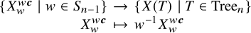 StartLayout 1st Row StartLayout 1st Row 1st Column StartSet upper X Subscript w Superscript w bold italic c Baseline vertical bar w element of upper S Subscript n minus 1 Baseline EndSet 2nd Column right arrow 3rd Column StartSet upper X left parenthesis upper T right parenthesis vertical bar upper T element of upper T r e e Subscript n Baseline EndSet 2nd Row 1st Column upper X Subscript w Superscript w bold italic c 2nd Column right arrow from bar 3rd Column w Superscript negative 1 Baseline upper X Subscript w Superscript w bold italic c EndLayout EndLayout