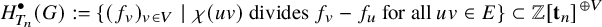 upper H Subscript upper T Sub Subscript n Superscript bullet Baseline left parenthesis upper G right parenthesis colon equals StartSet left parenthesis f Subscript v Baseline right parenthesis Subscript v element of upper V Baseline vertical bar chi left parenthesis u v right parenthesis divides f Subscript v Baseline minus f Subscript u Baseline for all u v element of upper E EndSet subset of double struck upper Z left bracket bold t Subscript n Baseline right bracket Superscript circled plus upper V