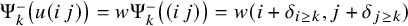 normal upper Psi Subscript k Superscript minus Baseline left parenthesis u left parenthesis i j right parenthesis right parenthesis equals w normal upper Psi Subscript k Superscript minus Baseline left parenthesis left parenthesis i j right parenthesis right parenthesis equals w left parenthesis i plus delta Subscript i greater than or equals k Baseline comma j plus delta Subscript j greater than or equals k Baseline right parenthesis