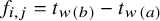 f Subscript i comma j Baseline equals t Subscript w left parenthesis b right parenthesis Baseline minus t Subscript w left parenthesis a right parenthesis