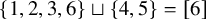 StartSet 1 comma 2 comma 3 comma 6 EndSet square cup StartSet 4 comma 5 EndSet equals left bracket 6 right bracket