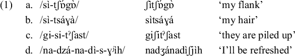 A linguistic data table labeled 1 with four rows of phonetic transcriptions, surface forms, and English translations.