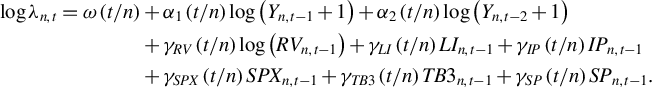 StartLayout 1st Row 1st Column log lamda Subscript n comma t Baseline equals omega left parenthesis t divided by n right parenthesis 2nd Column plus alpha 1 left parenthesis t divided by n right parenthesis log left parenthesis upper Y Subscript n comma t minus 1 Baseline plus 1 right parenthesis plus alpha 2 left parenthesis t divided by n right parenthesis log left parenthesis upper Y Subscript n comma t minus 2 Baseline plus 1 right parenthesis 2nd Row 1st Column Blank 2nd Column plus gamma Subscript upper R upper V Baseline left parenthesis t divided by n right parenthesis log left parenthesis upper R upper V Subscript n comma t minus 1 Baseline right parenthesis plus gamma Subscript upper L upper I Baseline left parenthesis t divided by n right parenthesis upper L upper I Subscript n comma t minus 1 plus gamma Subscript upper I upper P Baseline left parenthesis t divided by n right parenthesis upper I upper P Subscript n comma t minus 1 3rd Row 1st Column Blank 2nd Column plus gamma Subscript upper S upper P upper X Baseline left parenthesis t divided by n right parenthesis upper S upper P upper X Subscript n comma t minus 1 Baseline plus gamma Subscript upper T upper B Baseline 3 Baseline left parenthesis t divided by n right parenthesis upper T upper B 3 Subscript n comma t minus 1 Baseline plus gamma Subscript upper S upper P Baseline left parenthesis t divided by n right parenthesis upper S upper P Subscript n comma t minus 1 Baseline period EndLayout