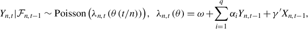 StartLayout 1st Row upper Y Subscript n comma t Baseline vertical bar script upper F Subscript n comma t minus 1 Baseline tilde upper P o i s s o n left parenthesis lamda Subscript n comma t Baseline left parenthesis theta left parenthesis t divided by n right parenthesis right parenthesis right parenthesis comma lamda Subscript n comma t Baseline left parenthesis theta right parenthesis equals omega plus sigma summation Underscript i equals 1 Overscript q Endscripts alpha Subscript i Baseline upper Y Subscript n comma t minus 1 Baseline plus gamma prime upper X Subscript n comma t minus 1 Baseline comma EndLayout