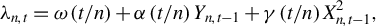 lamda Subscript n comma t Baseline equals omega left parenthesis t divided by n right parenthesis plus alpha left parenthesis t divided by n right parenthesis upper Y Subscript n comma t minus 1 Baseline plus gamma left parenthesis t divided by n right parenthesis upper X Subscript n comma t minus 1 Superscript 2 Baseline comma