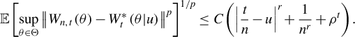 StartLayout 1st Row double struck upper E left bracket sup Underscript theta element of normal upper Theta Endscripts StartMetric upper W Subscript n comma t Baseline left parenthesis theta right parenthesis minus upper W Subscript t Superscript asterisk Baseline left parenthesis theta vertical bar u right parenthesis EndMetric Superscript p Baseline right bracket Superscript 1 divided by p Baseline less than or equals upper C left parenthesis StartAbsoluteValue StartFraction t Over n EndFraction minus u EndAbsoluteValue Superscript r Baseline plus StartFraction 1 Over n Superscript r Baseline EndFraction plus rho Superscript t Baseline right parenthesis period EndLayout