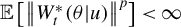 double struck upper E left bracket StartMetric upper W Subscript t Superscript asterisk Baseline left parenthesis theta vertical bar u right parenthesis EndMetric Superscript p Baseline right bracket less than infinity